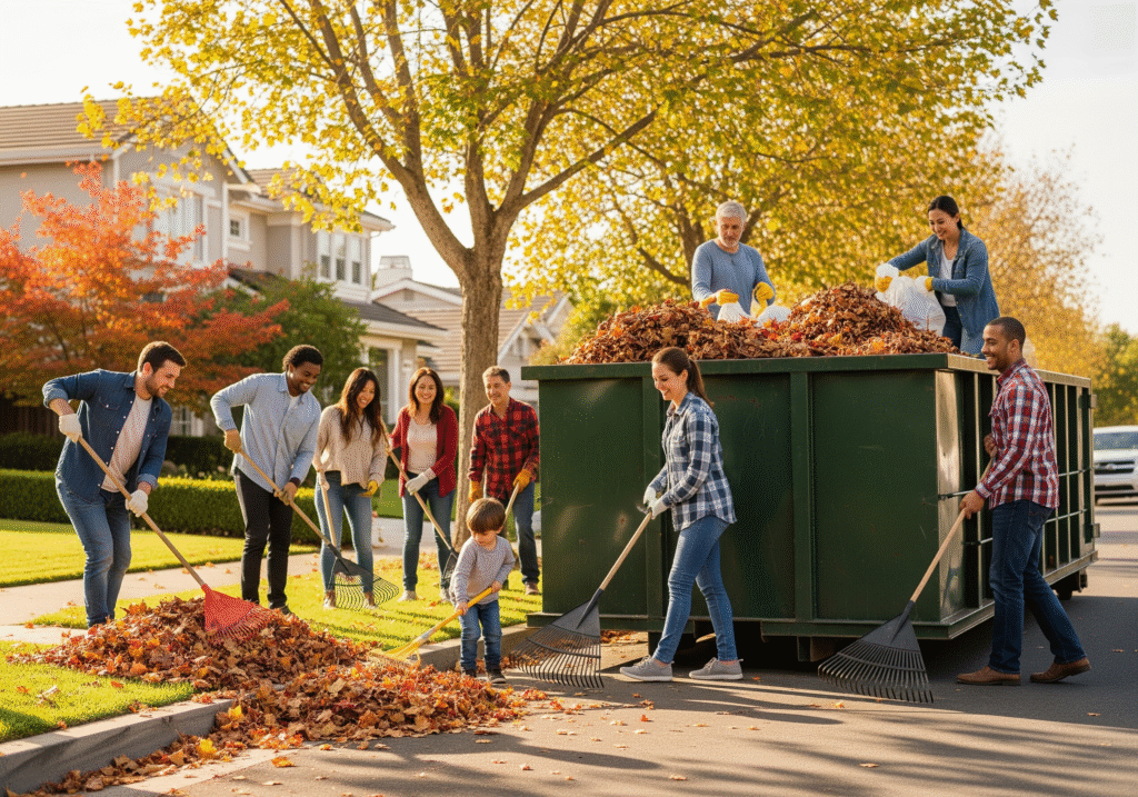 Bay Area neighbors collaborating on fall cleanup with shared dumpster rental service