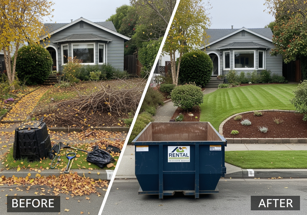 Bay Area property before and after professional fall cleanup with dumpster rental service
