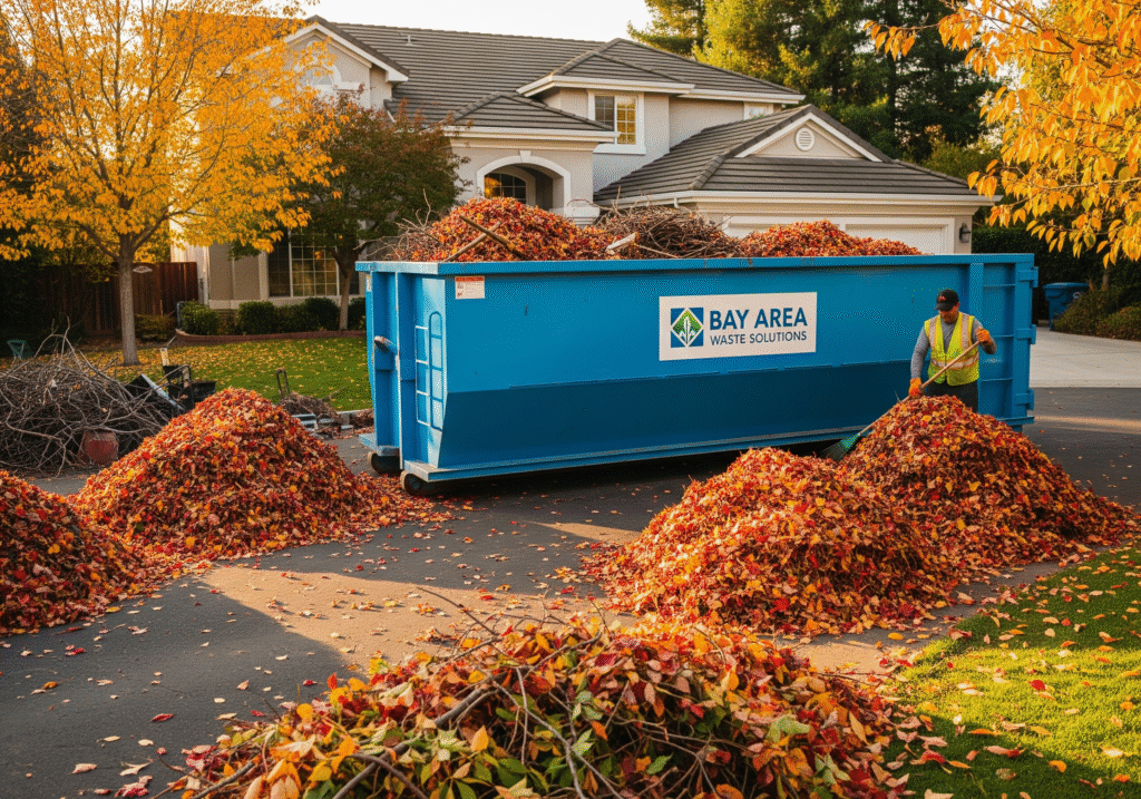 Professional dumpster rental Bay Area service for fall cleanup with leaves and yard debris