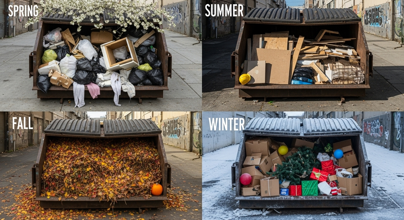Dumpster Rental San Jose - 24/7 Holiday Service | BBP Dumpster Realistic photo showing the same dumpster location across four seasons - spring cleaning debris, summer construction materials, fall yard waste, winter holiday cleanup - composite image showing seasonal usage patterns in San Jose