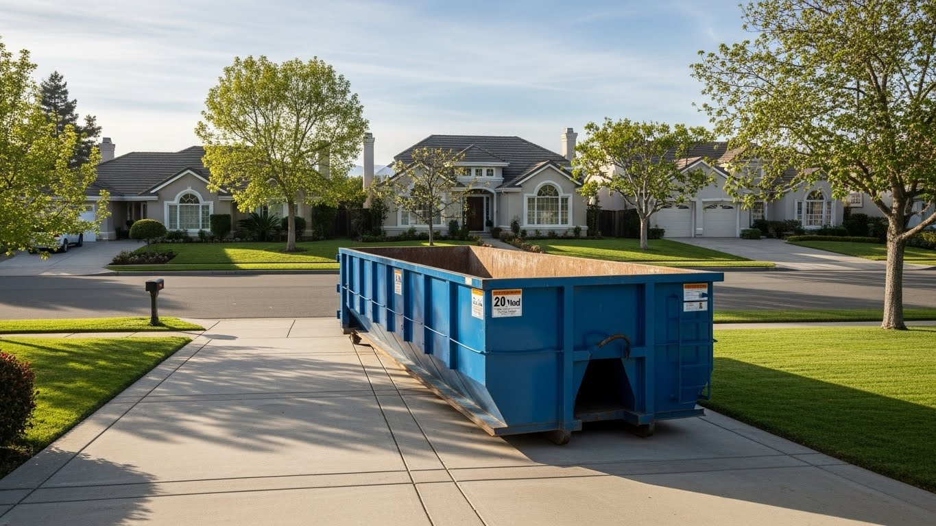 Professional realistic photo of a blue 20-yard dumpster placed in a Bay Area residential driveway, clean suburban neighborhood background, morning natural lighting, well-maintained homes visible, professional placement setup"