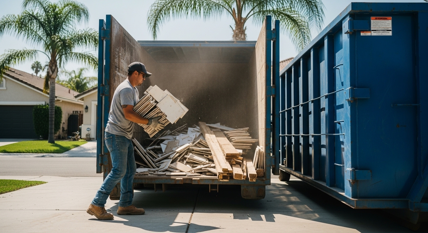 spring projects dumpster rental Palo Alto CA — worker loading renovation debris into roll-off container