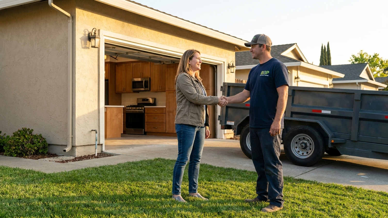Happy homeowner shaking hands with BBP Dumpster delivery driver in front of a renovated kitchen exterior in Concord California