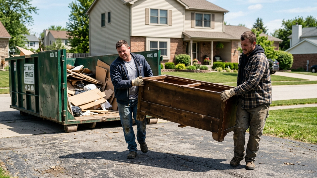 loading furniture as part of a fall home cleanout checklist dumpster plan