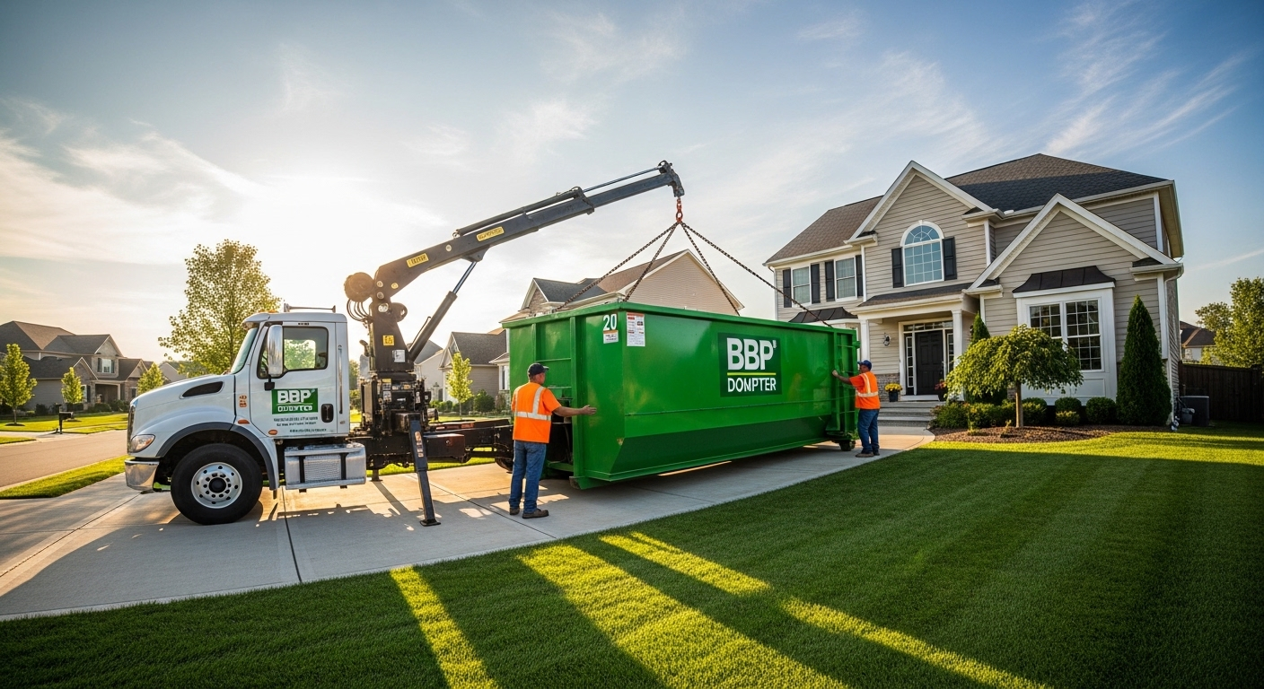 "may lawn care dumpster rental — BBP Dumpster delivery team placing container at home"
