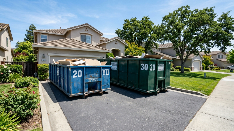 20 yard vs 30 yard dumpster big jobs — two roll-off dumpsters parked side by side on a residential driveway in Concord, CA
