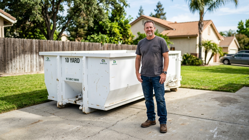 is renting a dumpster worth it for a small cleanout — homeowner next to roll-off dumpster in residential driveway Concord CA