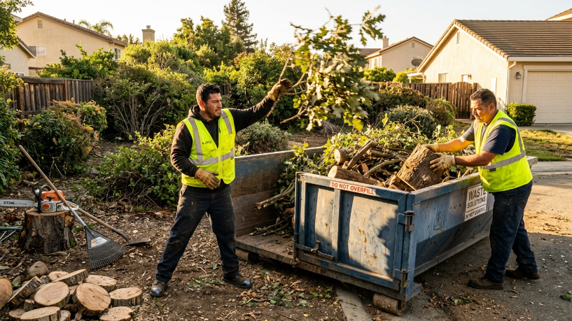 dumpster rental landscaping yard waste crew loading branches into roll-off container
