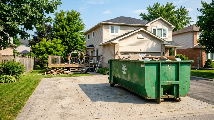 backyard projects that need a dumpster rental — roll-off container parked in residential driveway during summer renovation