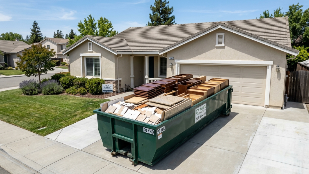 BBP Dumpster roll-off container neatly loaded at a Concord CA home renovation